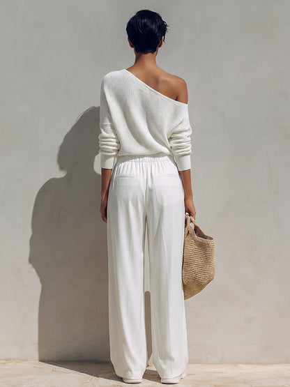 Women's Asymmetric One-Shoulder Knit Top & Wide-Leg Trousers Set